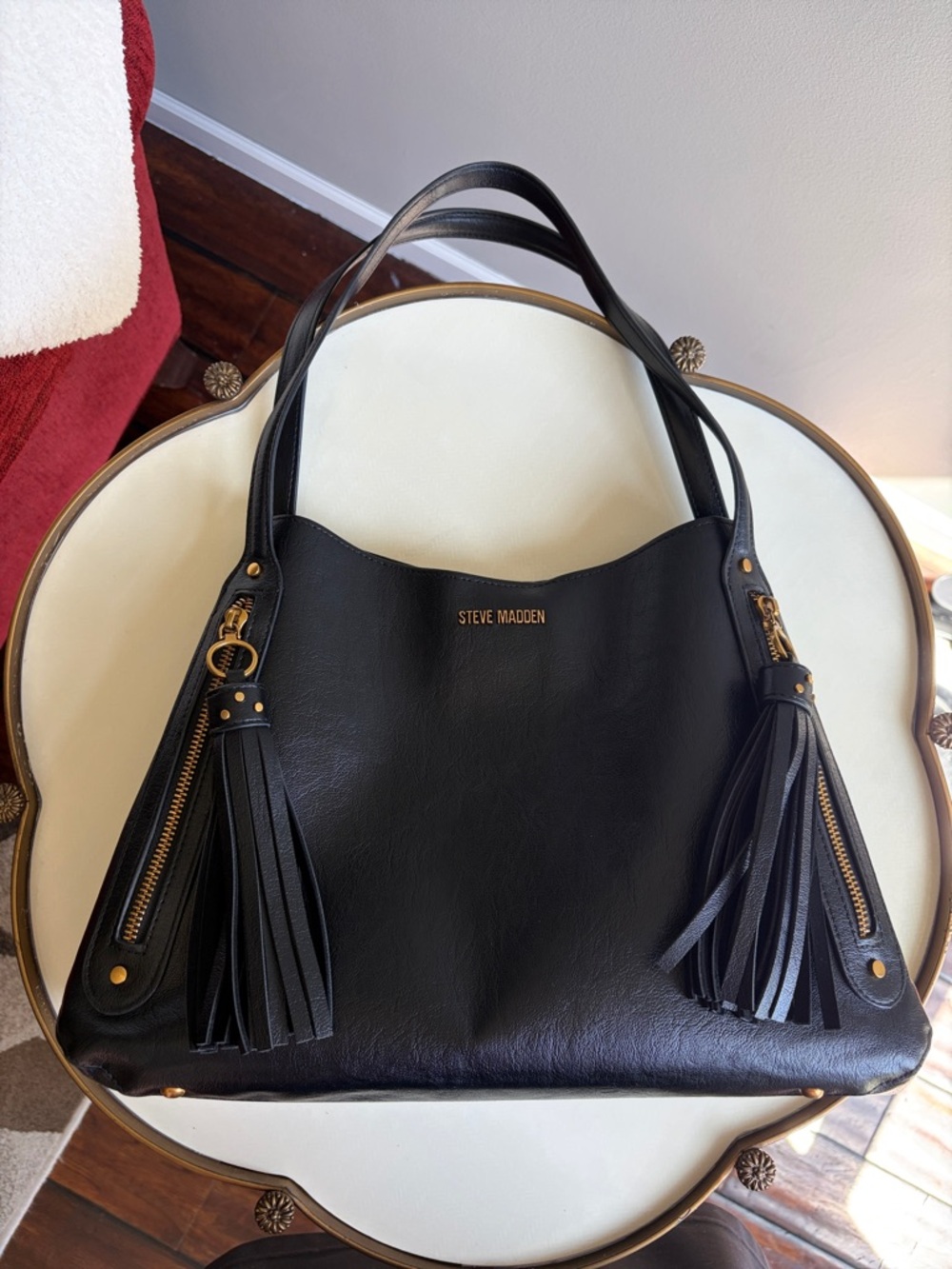 Steve Madden Black Leather Shoulder Tote with Tassels